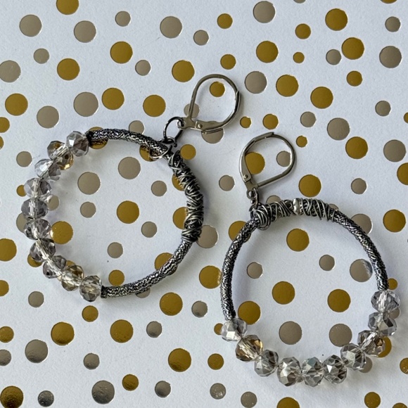 ZEVAR by TRESKA Earrings Bohemian Hoops Beaded Smokey Wire Wrap Silver - Picture 1 of 6